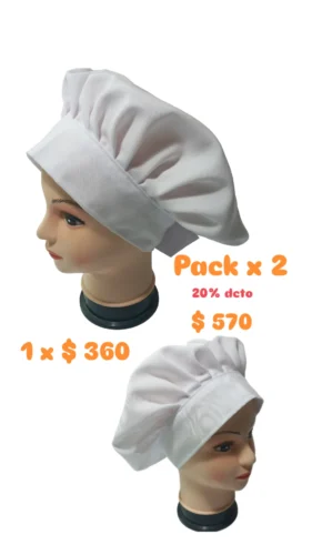 Pack x 2 Cofias chef, gorro cocina, blanco