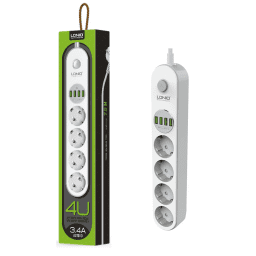 SE4432   Alargue Multifunci�n  4 Puertos USB+ 4 Enchufes Schuko 2M  Carga R�pida  Blanco  LDNIO