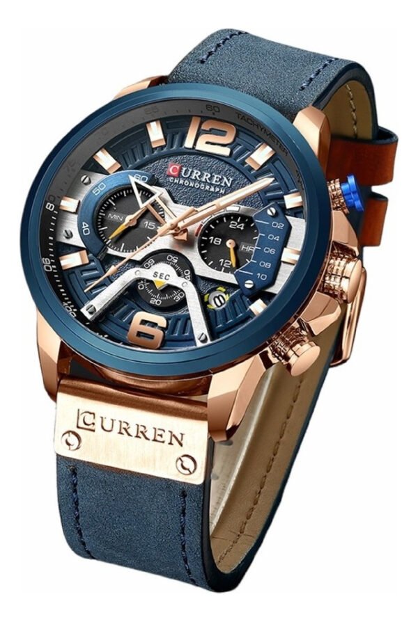 Reloj pulsera Curren 8329 con correa de cuero color azul - bisel azul/gris/negro - Imagen 3