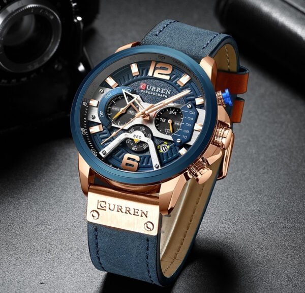 Reloj pulsera Curren 8329 con correa de cuero color azul - bisel azul/gris/negro - Imagen 4