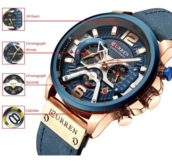 Reloj pulsera Curren 8329 con correa de cuero color azul - bisel azul/gris/negro - Imagen 5