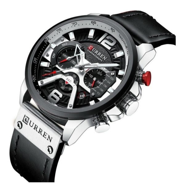 Reloj pulsera Curren 8329 con correa de cuero color negro - bisel negro/blanco - Imagen 2
