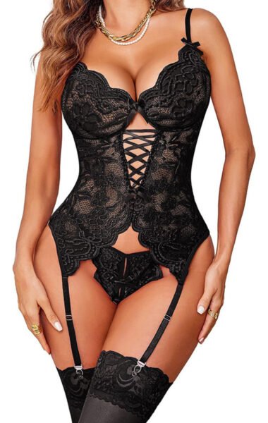 Conjunto Ropa Interior Encaje Lencería 3 Piezas Body Medias Negro M
