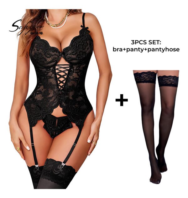 Conjunto Ropa Interior Encaje Lencería 3 Piezas Body Medias Negro M - Imagen 2