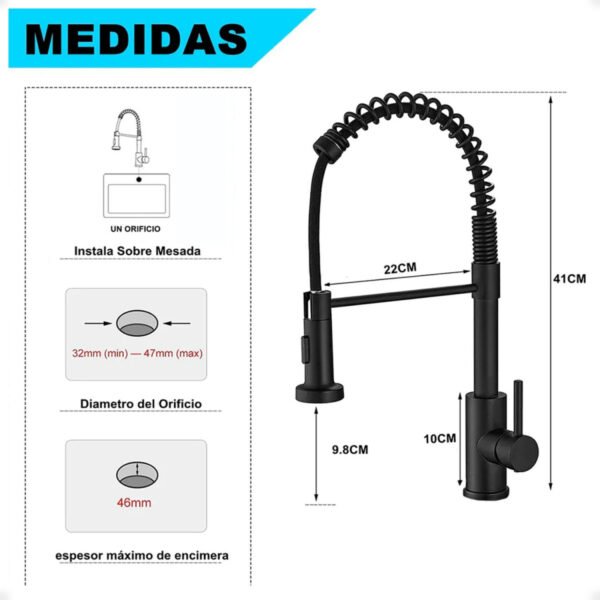 Canilla Grifo Monocomando Flexible Extensible Cocina Mesada Negro Mate - Imagen 6