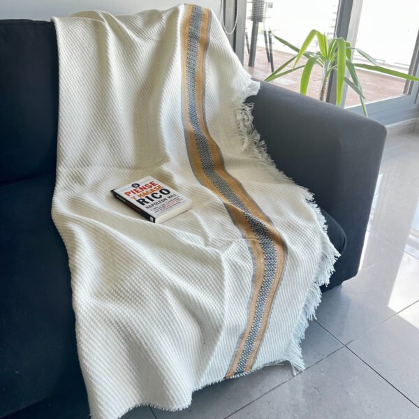 Manta Sofá Sillón Abrigo Pie De Cama Decoración 180x165 Cm Beige Camel Y Gris Rayas