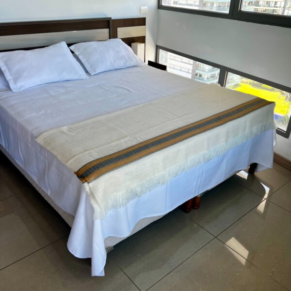 Manta Sofá Sillón Abrigo Pie De Cama Decoración 180x165 Cm Beige Camel Y Gris Rayas - Imagen 2