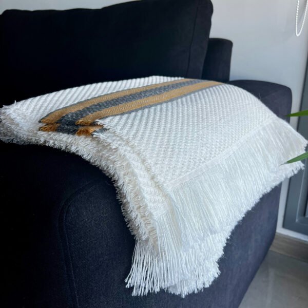 Manta Sofá Sillón Abrigo Pie De Cama Decoración 180x165 Cm Beige Camel Y Gris Rayas - Imagen 3