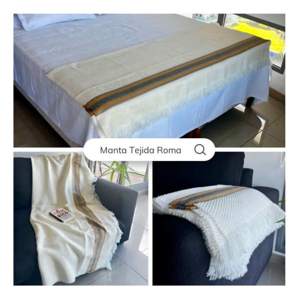 Manta Sofá Sillón Abrigo Pie De Cama Decoración 180x165 Cm Beige Camel Y Gris Rayas - Imagen 4
