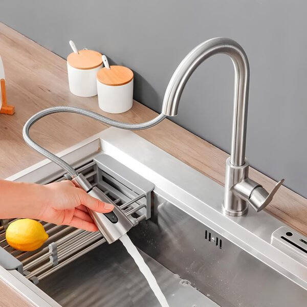 Canilla Grifo Monocomando Extensible Frío/caliente Retráctil Plateado Cepillado - Imagen 2