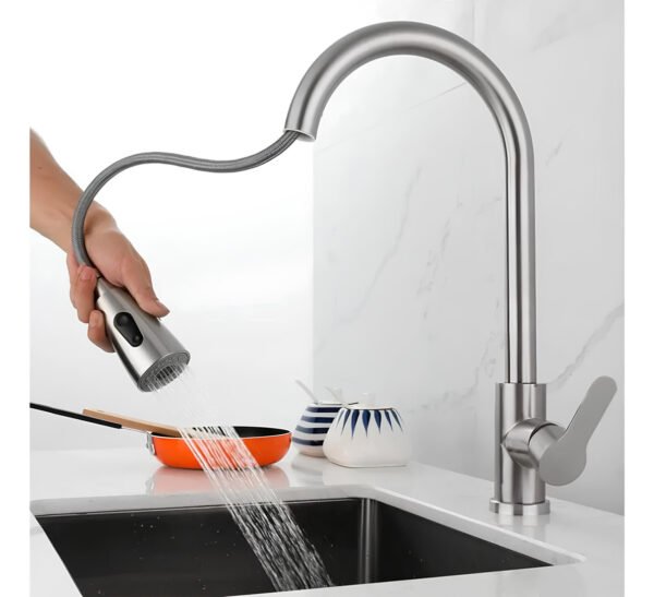 Canilla Grifo Monocomando Extensible Frío/caliente Retráctil Plateado Cepillado - Imagen 3