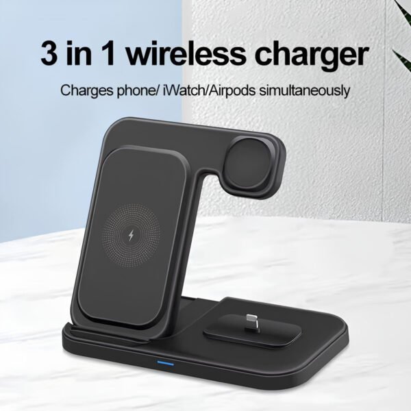 Cargador Inalámbrico 3 En 1 Con Base 15w Compatible Iphone Negro - Imagen 2