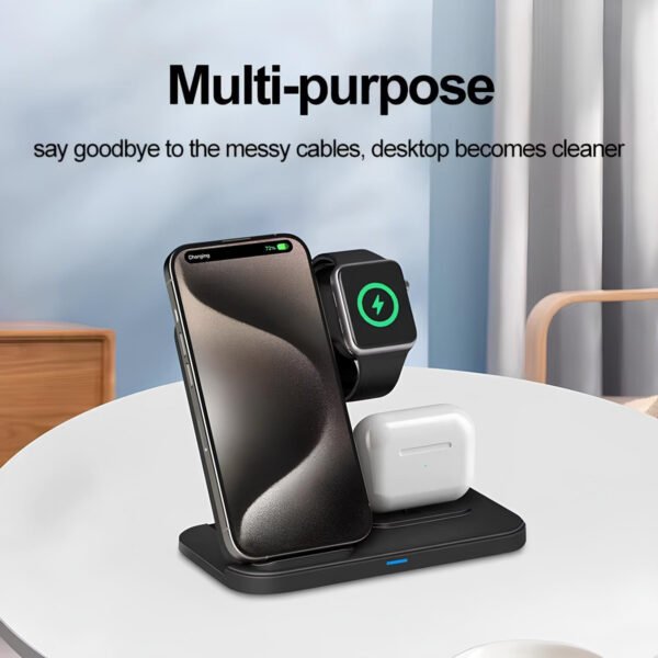 Cargador Inalámbrico 3 En 1 Con Base 15w Compatible Iphone Negro - Imagen 3