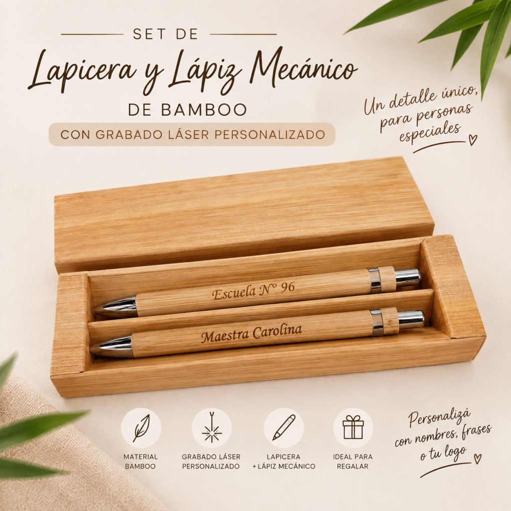 Set Lapicera Y Lápiz Mecánico Bamboo Con Grabado Láser
